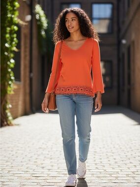 Joseph A Orange Crochet Hem Sweater